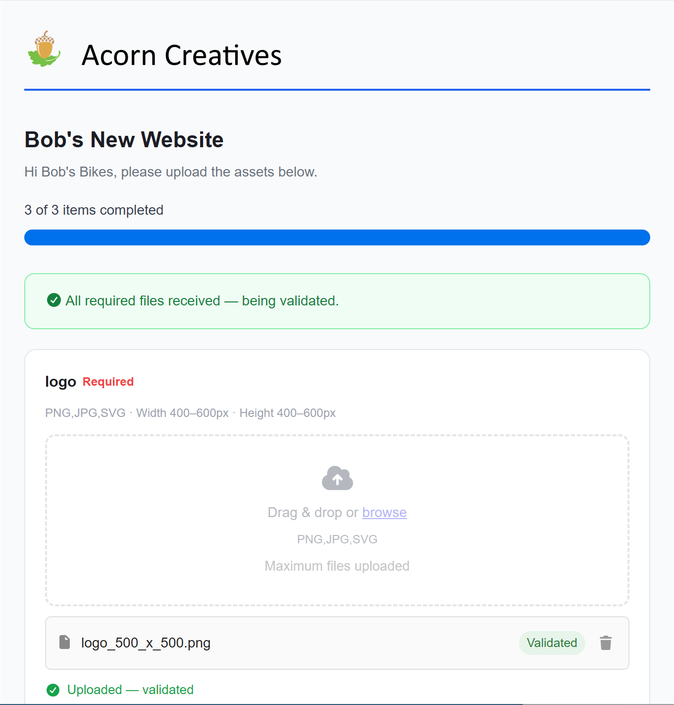 Client upload portal branded with agency logo showing file upload requirements