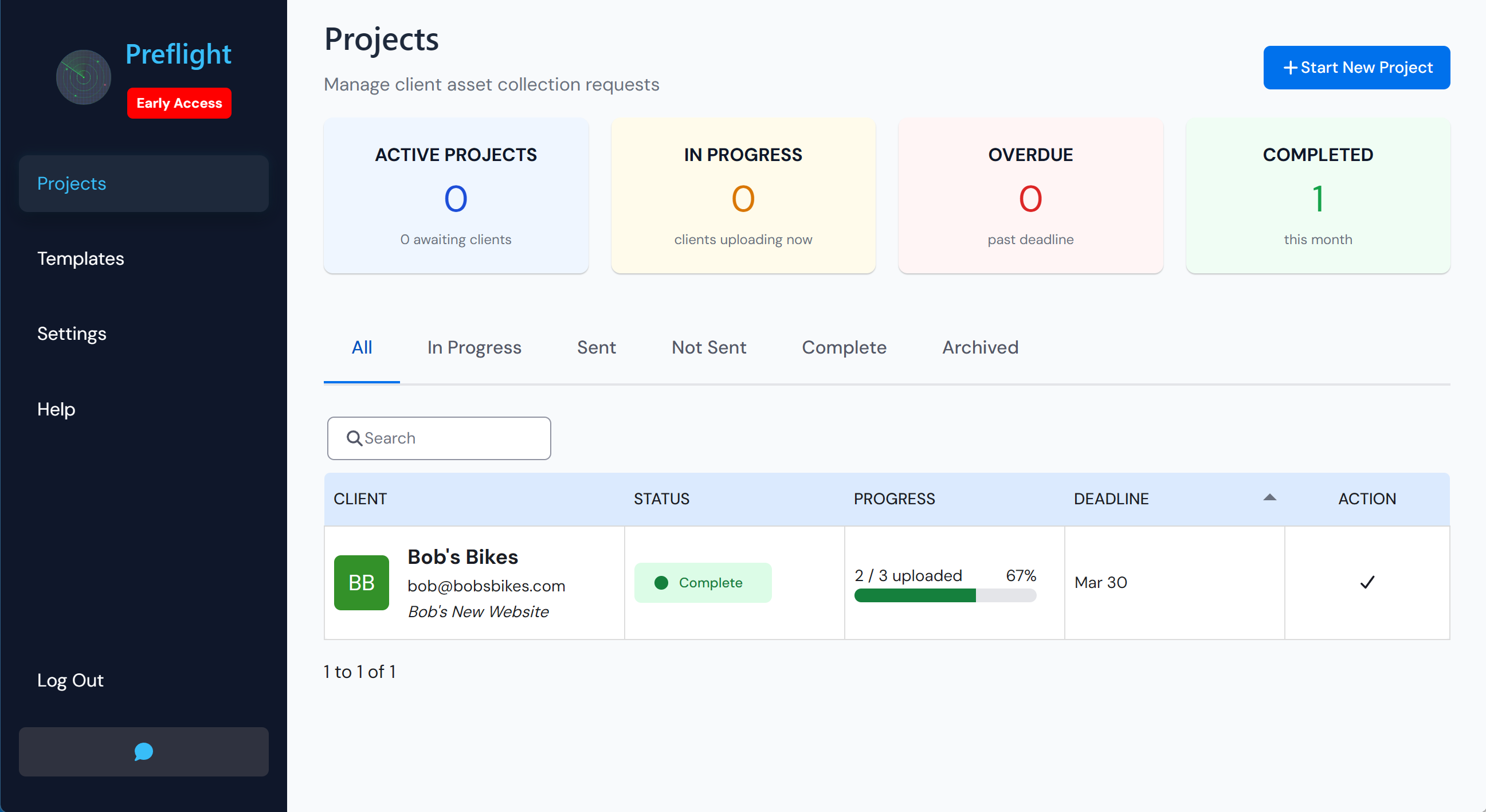 Preflight projects dashboard showing active asset collection projects and their status