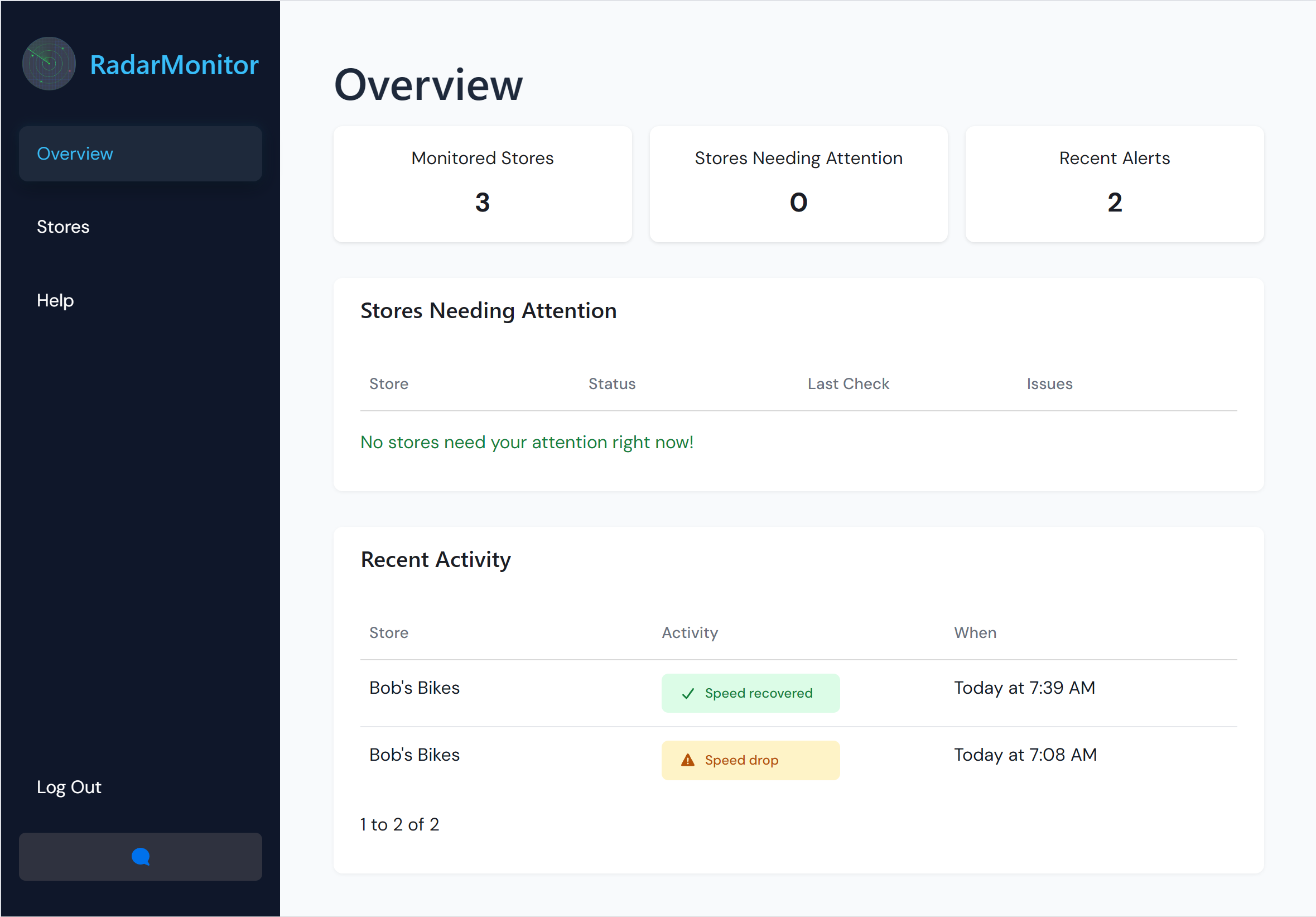 Radar Monitor fleet overview showing 3 monitored stores, attention summary, and recent activity