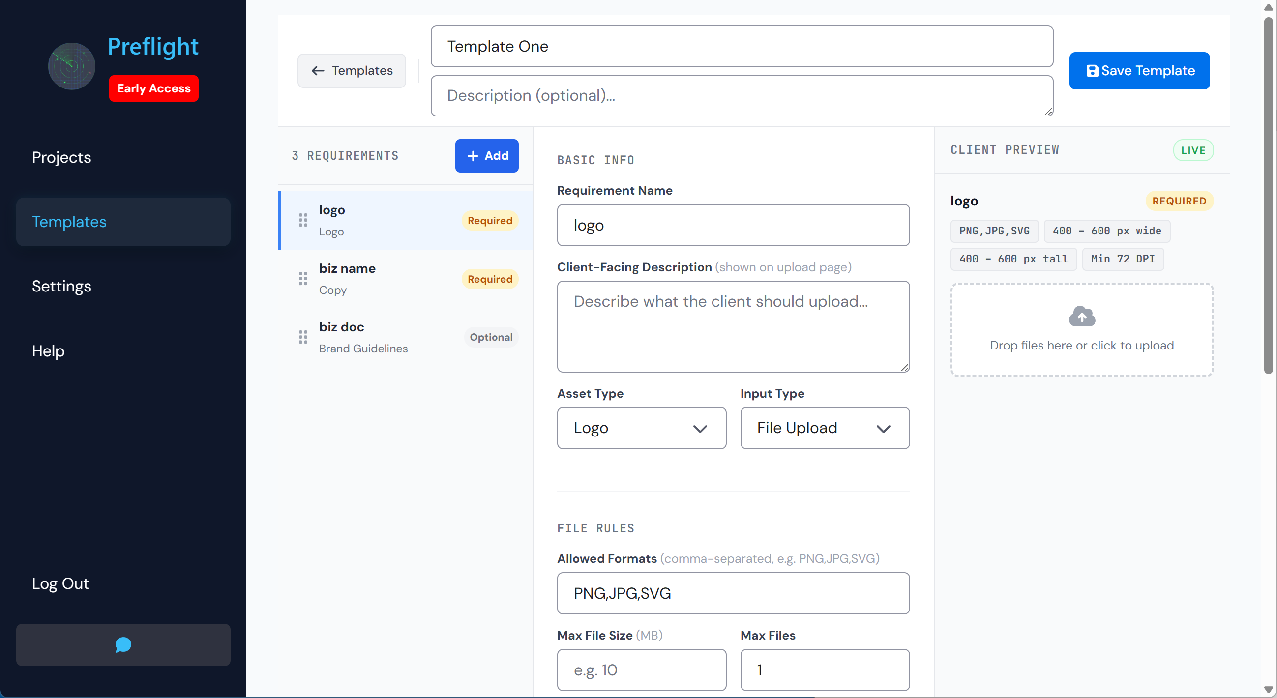 Preflight template builder showing requirements